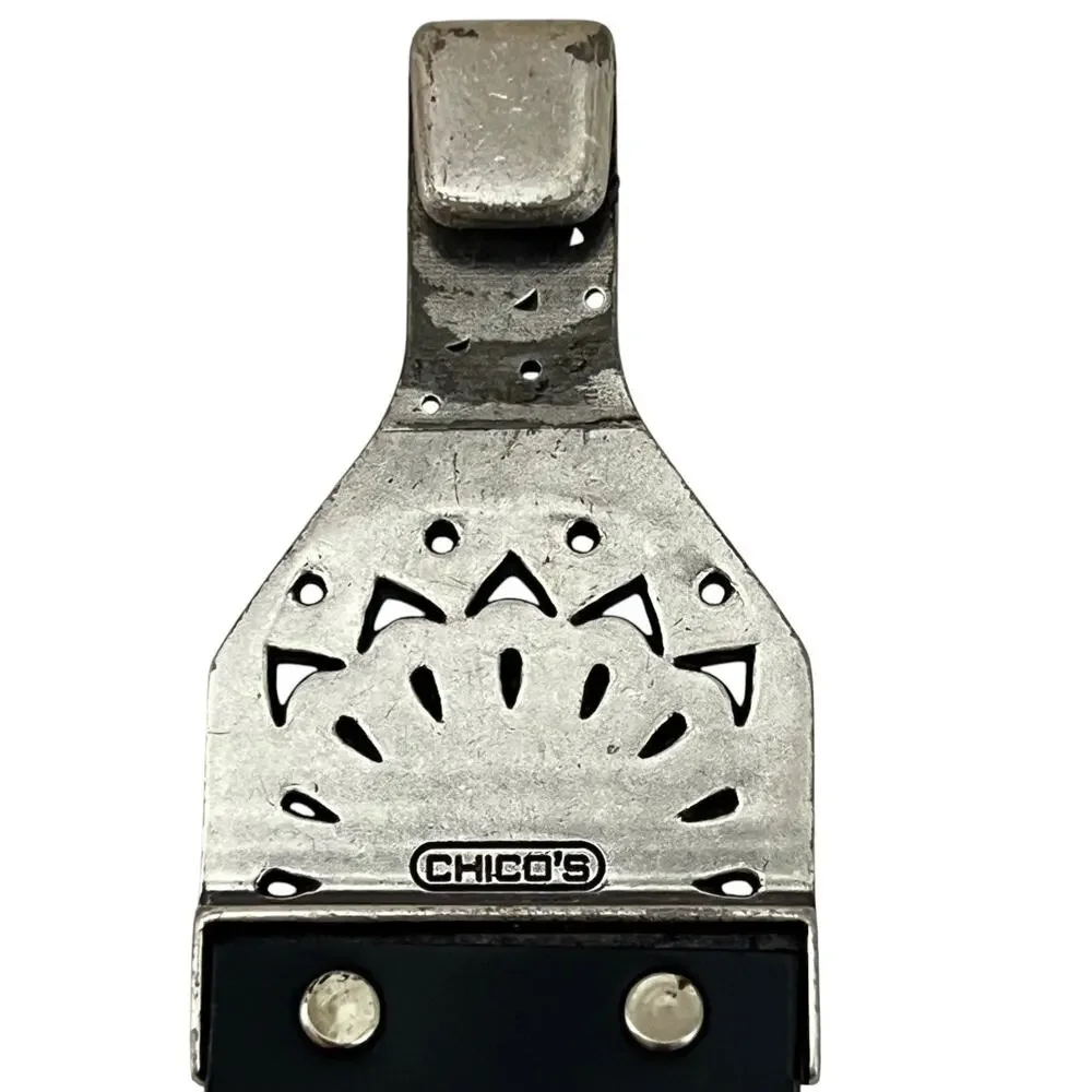 Chicos Genuine Leather Medallion Belt M/L Black Round Buckle Gold Silver Tone